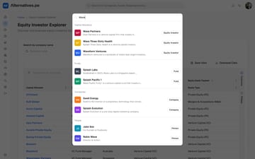 Global search open on a partial query, with results grouped into capital allocators, funds, companies and people