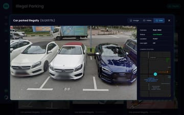 An illegal-parking alert opened over the video wall, with the live feed and the camera location
