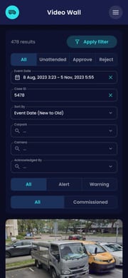 The video wall on a phone, filtered by date, camera and alert status