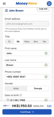 The personal details step, with fields validating as they are filled