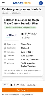 The review step, showing the plan, the trip and the price before paying