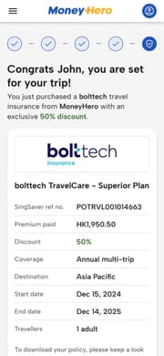The confirmation, with the policy details and the discount applied