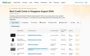 The SingSaver credit card listing on a desktop browser
