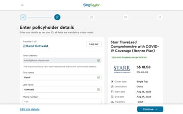 The SingSaver travel insurance checkout on a desktop browser
