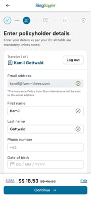 The SingSaver travel insurance checkout on a phone