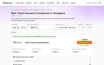 The SingSaver travel insurance listing on a desktop browser