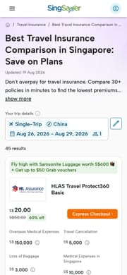 The SingSaver travel insurance listing on a phone