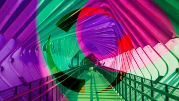 Campaign artwork: a covered walkway overlaid with magenta and green colour fields