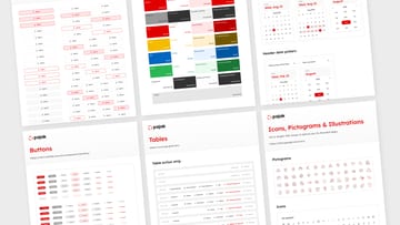 Design system sheets covering buttons, tables, icons and illustrations