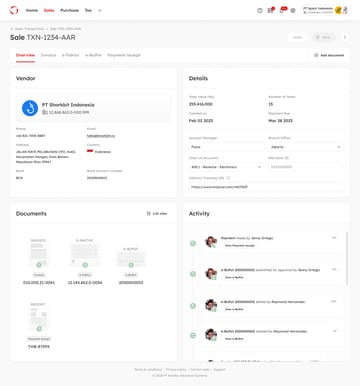 A single transaction with its documents and activity history
